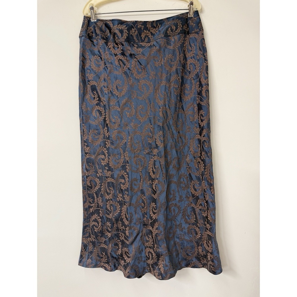J Jill Women's 16 Skirt Blue Brown Jacquard Floral Silk Linen Maxi  Lagenlook